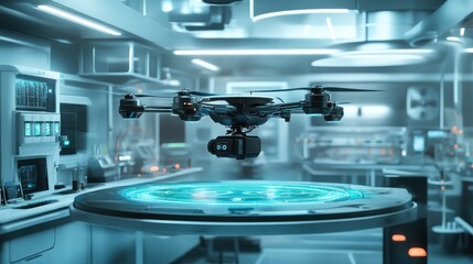 Futuristic laboratory showcasing a robotic drone hovering above a glowing platform
