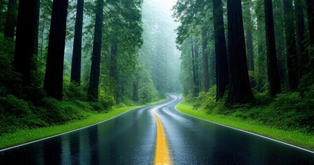Fototapeta premium Winding Road Through a Misty Redwood Forest on a Rainy Day 