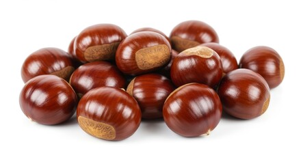 Obraz premium Fresh Sweet Chestnuts Pile - A pile of shiny brown chestnuts isolated on a white background. Perfect for autumnal themes, food blogs, and culinary content