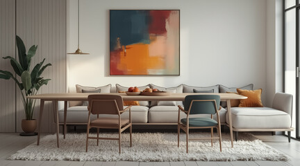 elegant light beige sectional sofa with wooden chairs and abstract wall in a minimalist room