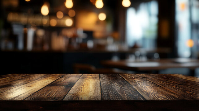 Dark wooden table top with blurred background of a coffee shop or bar interior. 