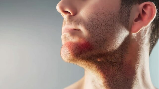 Male face close up showing razor burn, reddened skin displaying post shaving irritation and dermatological sensitivity