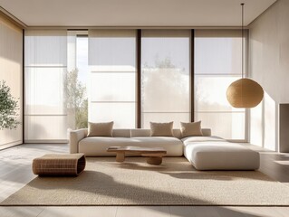 Obraz premium Adjustable sheer roller shades in a serene Zeninspired minimalist space