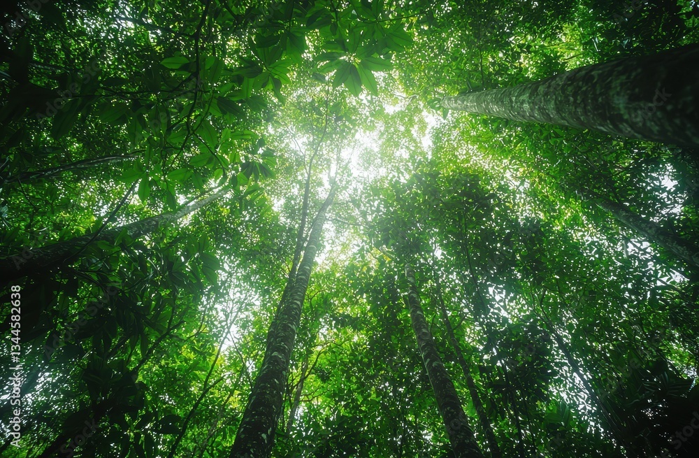 Poster Sunlight filters through a dense canopy of green trees, creating patterns of light and shadow on the forest floor