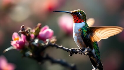 Vibrant Hummingbird on Pink Blossoms Spring Nature Photo