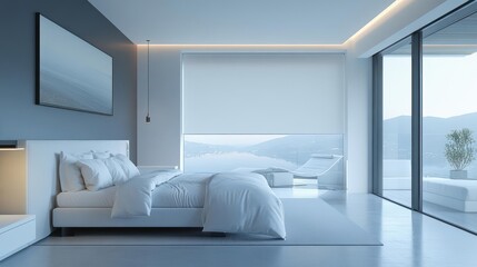 Smartcontrolled fabric blinds in a futuristic minimalist bedroom, blending technology with design