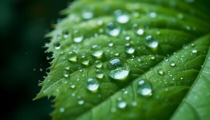 This macro shot showcases a lush green leaf covered in glistening water droplets.