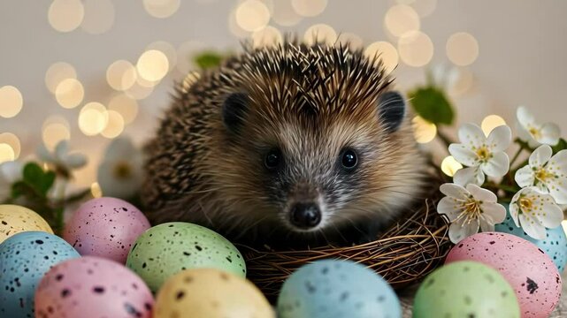 A cute hedgehog nestled among colorful eggs and flowers, creating a vibrant and festive spring atmosphere.