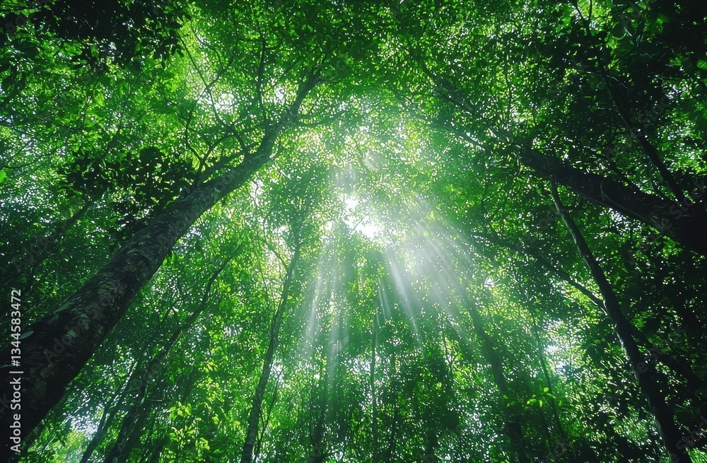 Poster Sunbeams filtering through a dense canopy of trees in a tropical forest, creating a magical atmosphere