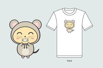 Cute cartoon mice illustration in vector design, with T-shirt mockup. EPS 10