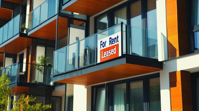 Modern apartments featuring for rent and leased signage on stylish balconies
