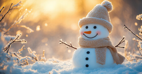 Joyful Snowman in a Winter Wonderland at Sunrise