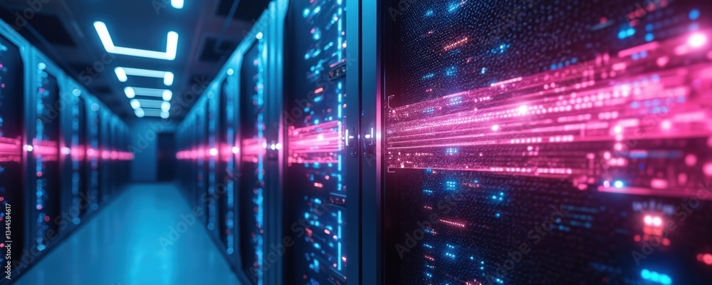 Poster modern data center with holographic data streams connecting server racks, glowing with neon blue, pi