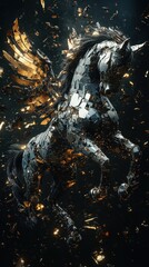 A Winged Horse Emerges From Shattered Metallic And Golden Pieces