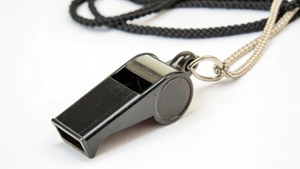 Black Whistle with Lanyard on White Background