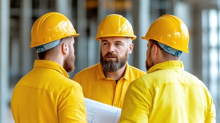 Construction workers discussing blueprints inside a building under construction