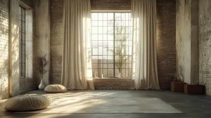 Fototapeta premium Floorlength taupe drapes in a contemporary loft, softening the industrial minimalist aesthetic