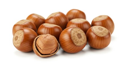 Fototapeta premium Isolated Hazelnuts Pile on White - A group of hazelnuts, some whole, one cracked open, showcasing their rich brown color and texture. Symbolising harvest, nature, healthy snack, wholesome food