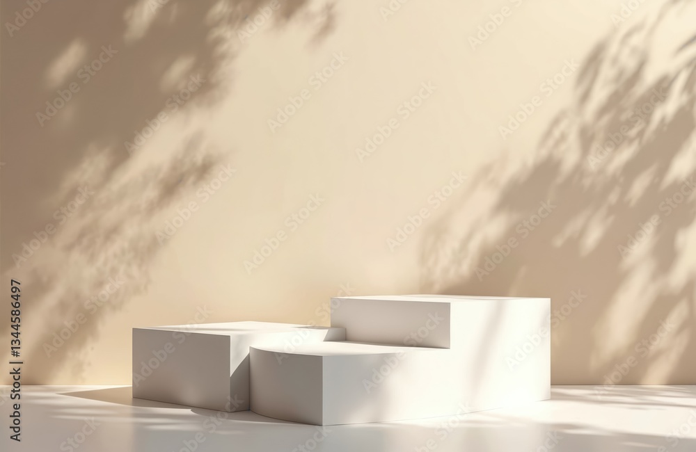Poster minimal abstract scene with three white rectangle podiums on beige background. sunlight dappled with