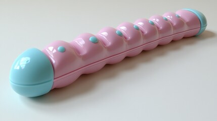 Pink caterpillar toy on white surface, isolated, studio shot