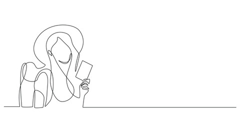 one continuous line drawing of woman showing passport preparing for vacation.one line drawing of woman tourist.single line vector illustration.