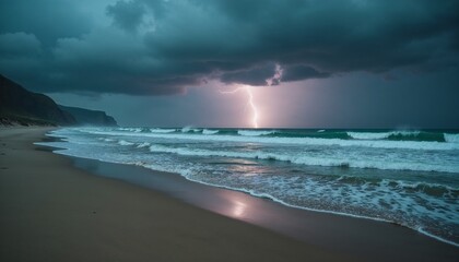 Obraz premium A deserted beach with rough waves and dark skies during a storm, reflecting lightning in the wet sand