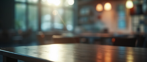 Obraz premium dark wooden table in a sunlit cafe setting