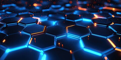 Hexagonal patterns of glowing blue and orange lights create a vibrant digital landscape