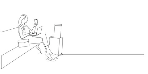 one continuous line drawing of woman on the way waiting for plane in lobby. one line drawing of woman using laptop in airport waiting room.single line vector illustration.