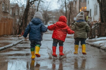 Three children, toddler girl and two kids boys wearing red, yellow and green rain boots and walking during sleet. Happy siblings jumping into puddle. Having fun outdoors, active