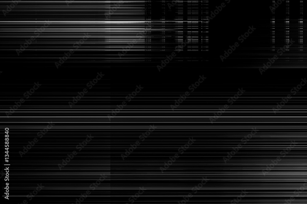 Poster screen display with scan lines and glitches in black and white abstract background
