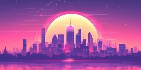 Fototapeta premium A vibrant cityscape skyline silhouetted against a colorful sunset