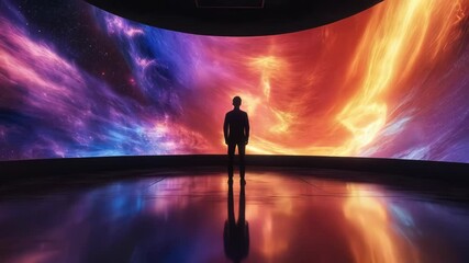 A lone figure stands in front of a massive curved digital screen displaying a cosmic explosion of color. Concept of digital art and immersive experience.