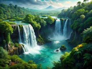 Obraz premium Aerial View Serene Waterfall Lush Forest Landscape - Drone Photography Nature Scenery