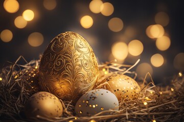 Close-Up Golden Easter Egg With Delicate Embossed Patterns Surrounded By Small Pastel-Colored Eggs Sparkling Softly On A Neutral Backdrop