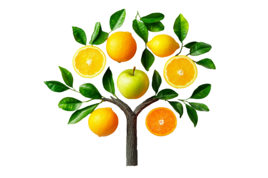 Citrus fruits and green leaves creatively arranged to form a vibrant tree design in minimalist flat lay style