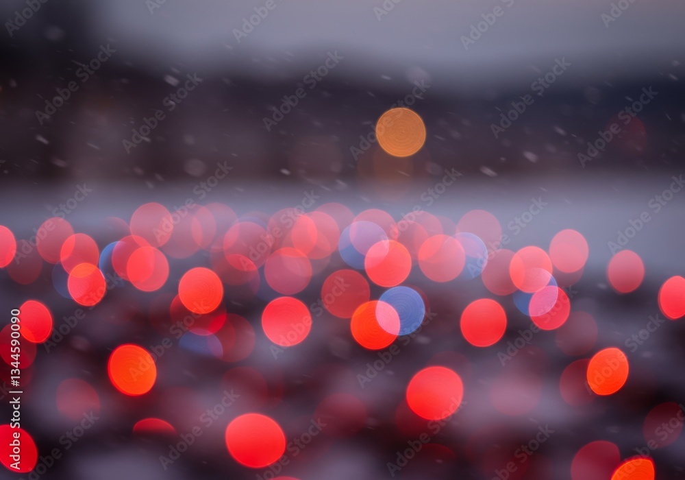 Poster red and blue bokeh lights in snowfall - abstract of red and blue bokeh lights blurred in falling sno