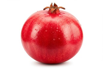 Ripe Red Pomegranate Fruit - A single, fresh pomegranate with water droplets, isolated on a white background. Juicy and vibrant red color