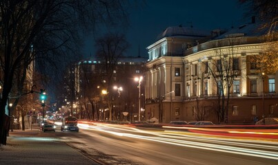 Vehicle lights on the streets of a city at night. Long exposure shot. Generative AI