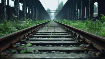 Obraz premium Overgrown railway tracks disappearing into an abandoned station, eerie vanishing point