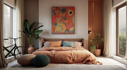 modern bedroom interior with bedding and abstract