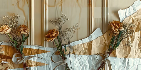 Dried flowers arranged against decorative textured wall with crumpled paper and natural elements, creating a warm, artistic ambiance in a cozy indoor setting