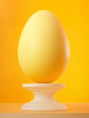 A large yellow Easter egg on a pedestal against an orange and yellow background