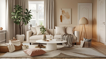 Neutral tones cozy living room minimalist decor modern style