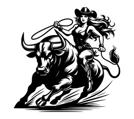 Fototapeta premium A vector silhouette of a cowgirl riding an angry bull, isolated on a white background.