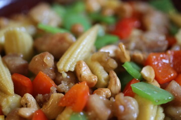 A close-up view of a plate of pasta and vegetables, ideal for use in recipe or food photography.