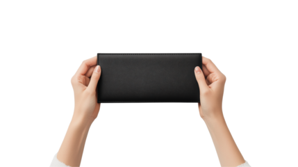 Hand Holding Black Wallet or Smartphone Case on Transparent Background