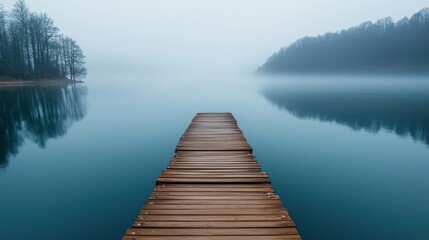 Fototapeta premium Halfcollapsed wooden pier extending into a foggy lake, haunting solitude