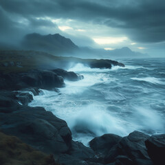 Obraz premium Stormy ocean waves crashing on rugged coastline cliffs in a powerful storm