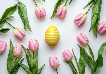 Easter eggs and tulip bouquet on white background with pastel colors